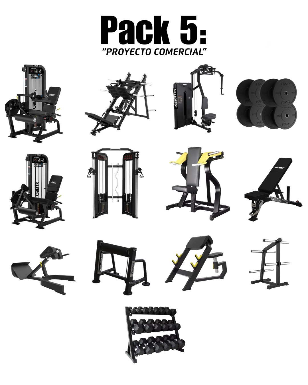 PACK 5: CURL FEMORAL SENTADO EXTENSION DE CUADRICEPS  PRENSA INCLINADA 45° MOD2 POLEA CRUZADA CORTA APERTURAS PEC DECK MELB2 PRESS DE HOMBROS L.H BANCO REGULABLE  BANCO LUMBAR MOD3 BANCO SCOTT MOD3 BANCO BULGARO PACK RACK + PAR MANC 2.5 A 25KG RACK PARA D